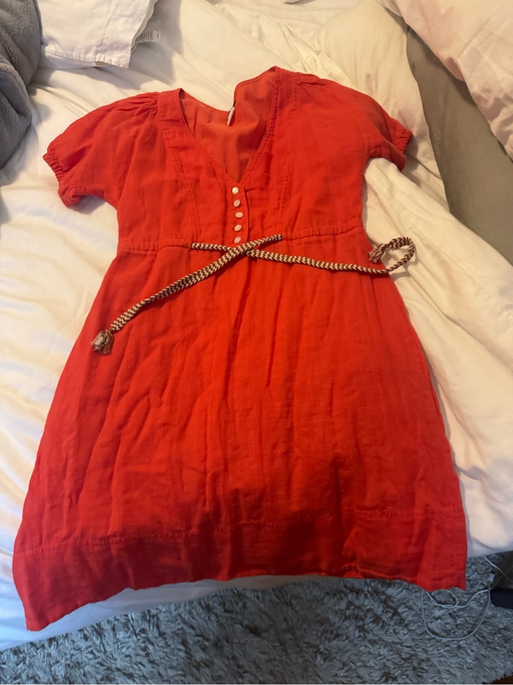 J. Crew Bright Red Short-Sleeve Button Front Dress with Rope Tie